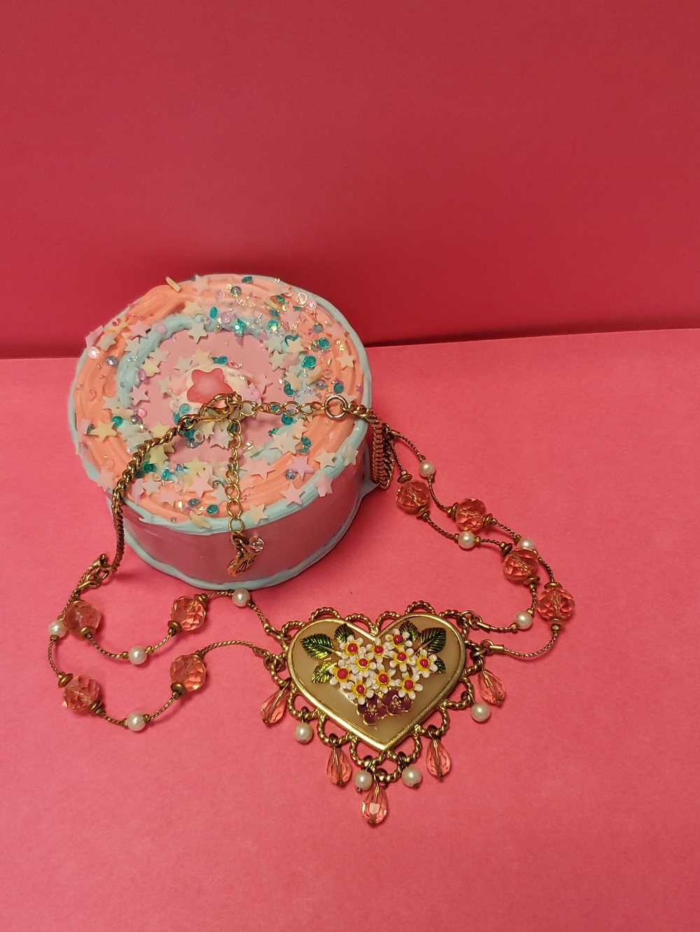 Betsey Johnson Gold Heart Necklace with Pink Beads and Pearl Accents